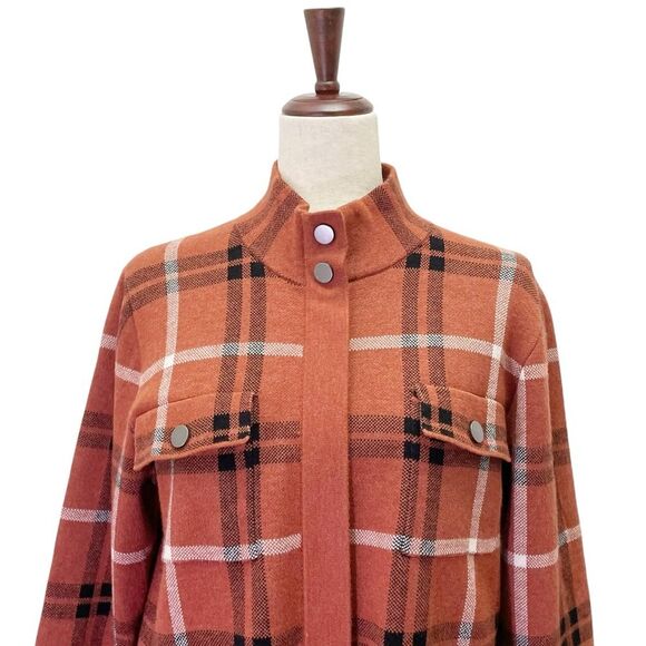 Joie Plaid Shacket Soft Knit Full Zip Sweater Jacket Rust Black White Size Large - Picture 9 of 13